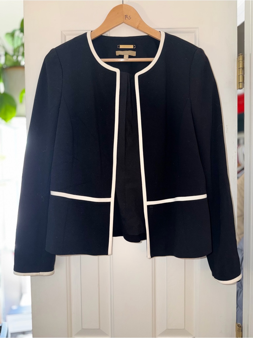 Talbots Italian Knit Black White Contrast Trim Open Front Blazer Jacket